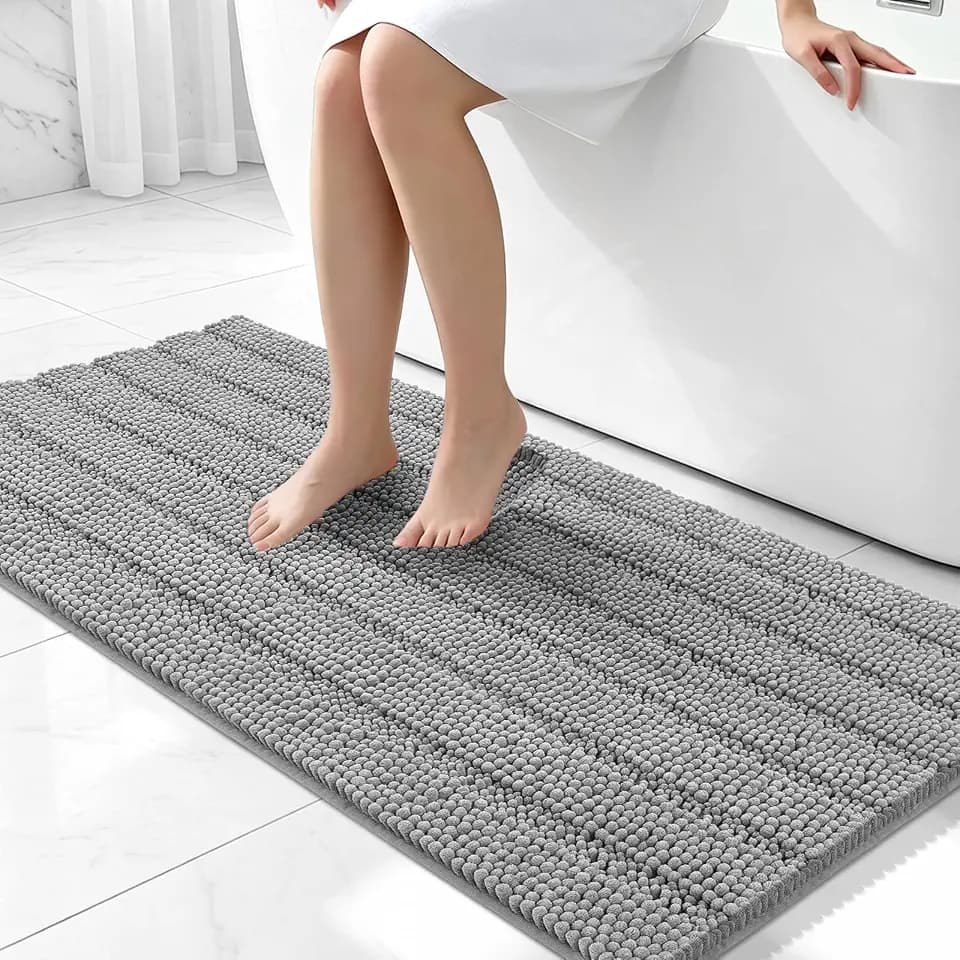 Bcoimo Bath Rug Mat,48x24 Chenille Non Slip Gray Long Bathroom Runner Rugs