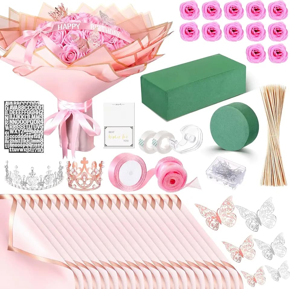 Maysing Money Bouquet Kit 12 Pcs Glitter Roses 20 Sheet Flower Wrapping Paper DIY Flower Bouquet Floral Foam Blocks Sticker for Anniversary Birthday Mother's Day Graduation(Pink+rose Pink)