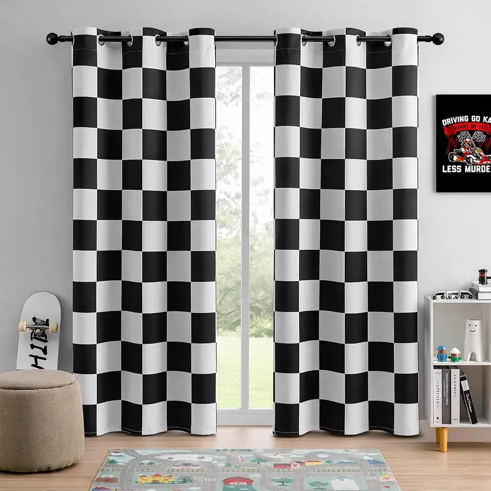 100% Blackout Curtains – Black and White Checkered Race Flag Pattern, 2 Panels, Each W42×L84, Thermal Insulated, Nosie Reducing for Bedroom, Living Room, Race car Drapes