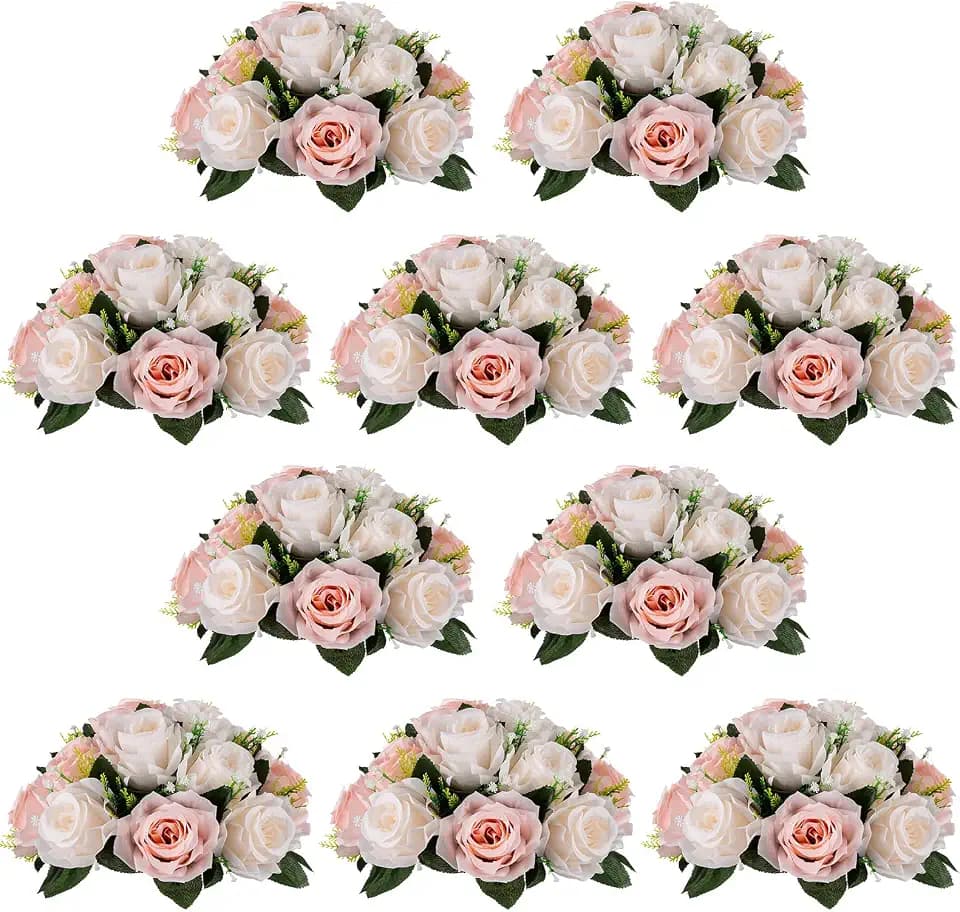 NUPTIO Flower Balls for Wedding Centrepieces - 10 Pcs 9.5in Diameter Artificial Flower Ball Arrangement Bouquet Peachy Pink & Creamy White Fake Rose Flowers Party Centerpieces for Weddings Tables