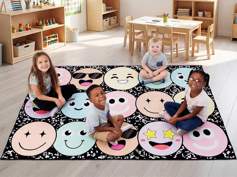 Dunzy 5x7 ft Pastel Classroom Rug Large Smile Face Carpet, Cute