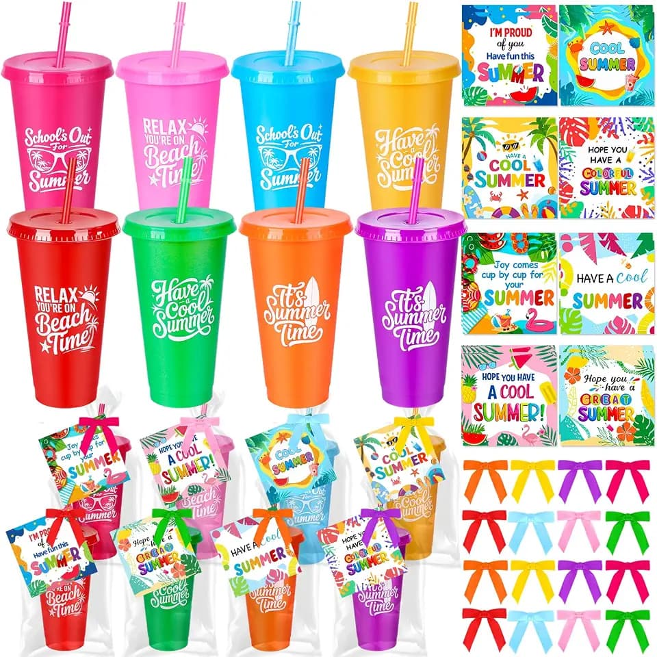 24 Sets Summer Gifts for Students - 24oz Summer Cups with Lids and Straws Bulk, Reusable Plastic Tumblers with Greeting Cards & Ribbons for School Class Prizes, Beach Pool Party Favors
