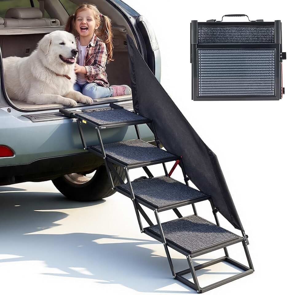 VEVOR Hundetreppe Auto Klappbar 4-Stufig, Extra Breite Hunderampe für Große Hunde mit Rutschfester Oberfläche, Einstiegshilfe für Auto, SUV, LKW, Hochbett, Sofa, Klapptreppe Tragkraft bis 180 kg