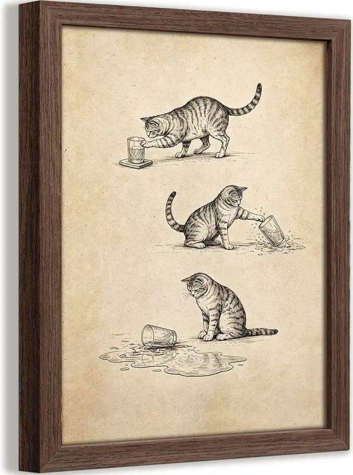 Funny Cat Wall Art, Vintage Mischievous Cat Wood Framed Canvas 8x10 Inch
