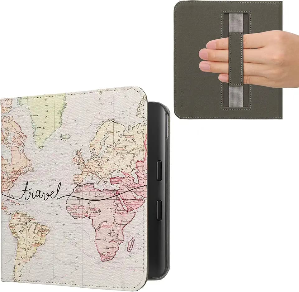 kwmobile Schutzhülle für Kobo Kobo Libra Colour/Tolino Vision Color Hülle - eReader Flip Case mit Handschlaufe und Auto Sleep Funktion - Travel Schriftzug mit Schwarz Mehrfarbig