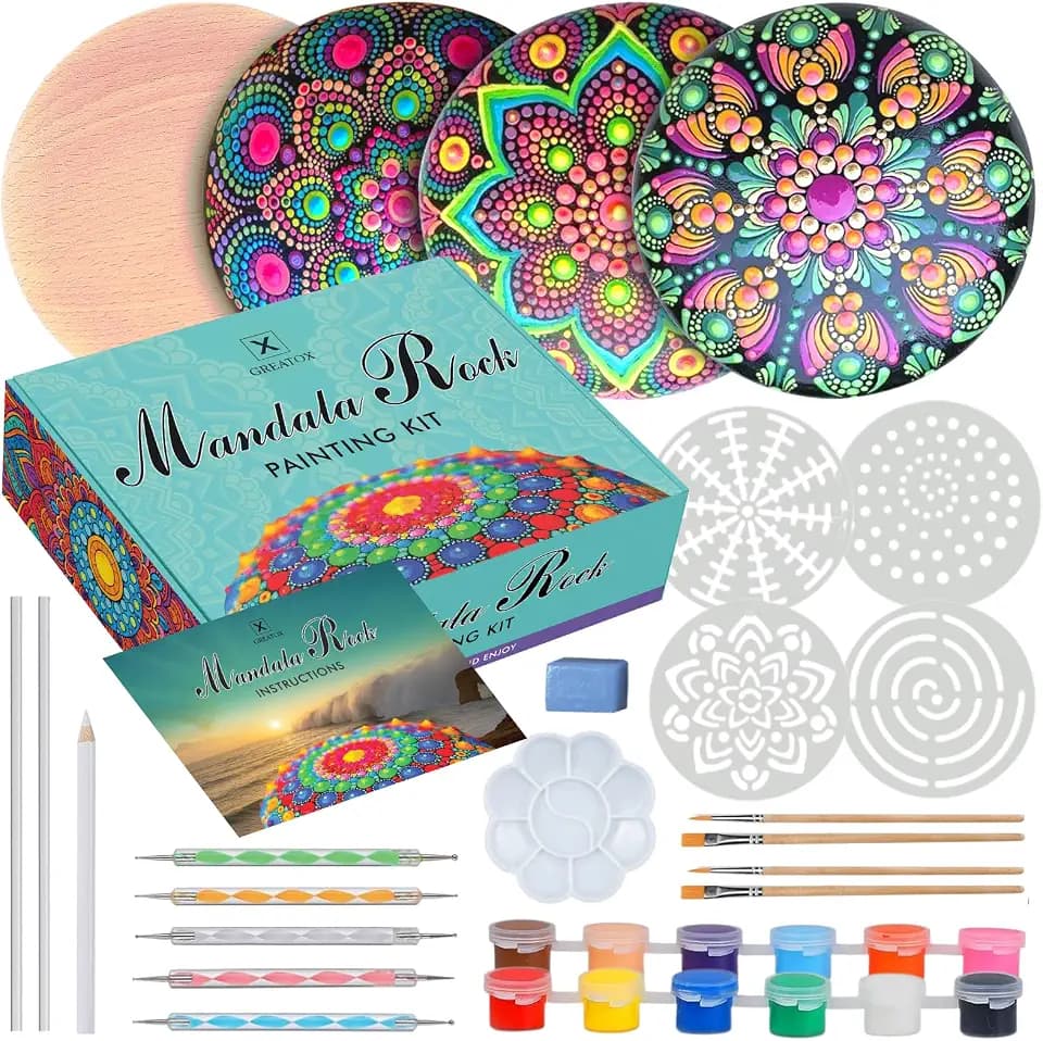 GREATOX Mandala Painting Kit for Adults – Wooden Rock Art Kit with Dotting Tools, Dot Paint Brush, Stencils & Acrylic Paints, DIY Craft Gift for Women & Beginners