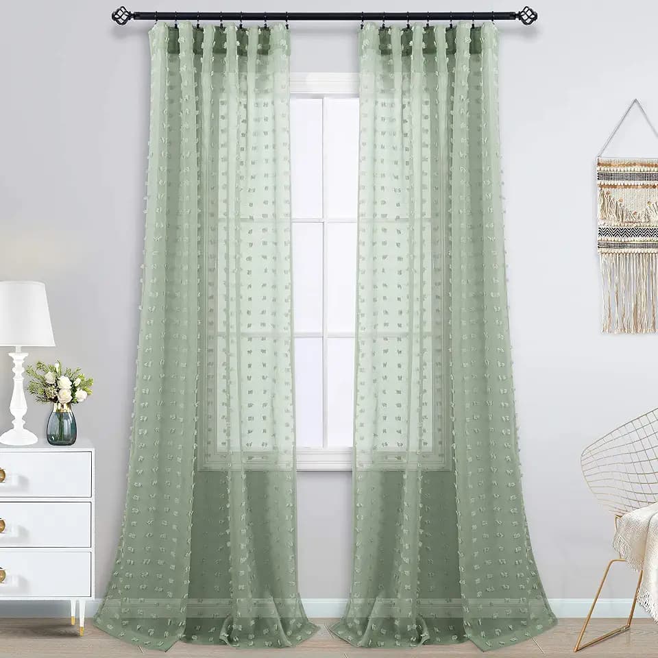 KOUFALL Sage Green Sheer Drapes Curtains 96 Inches Long for Living Room with Pom Pom Designer Patterned Curtains for Bedroom Window Set of 2 Pieces,52x96 Inch Length