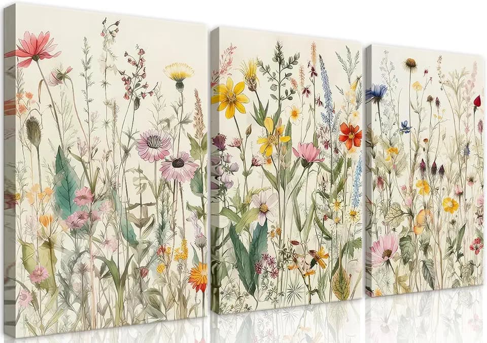 3 Pcs Framed Flowers Canvas Wall Art Watercolor Floral Botanical Prints Wildflower Pictures Wall Decor Colorful Plant Paintings Posters for Bathroom Living Room Bedroom Office Kitchen(12x16in)