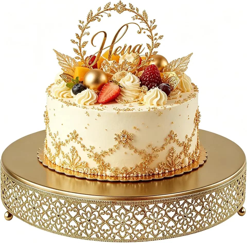 14 Inch Luxury Gold Cake Stand, Round Metal Dessert Display with Ornate Filigree Lace, Dual‑Coated Premium Finish for Wedding, Anniversary & Elegant Home Decor