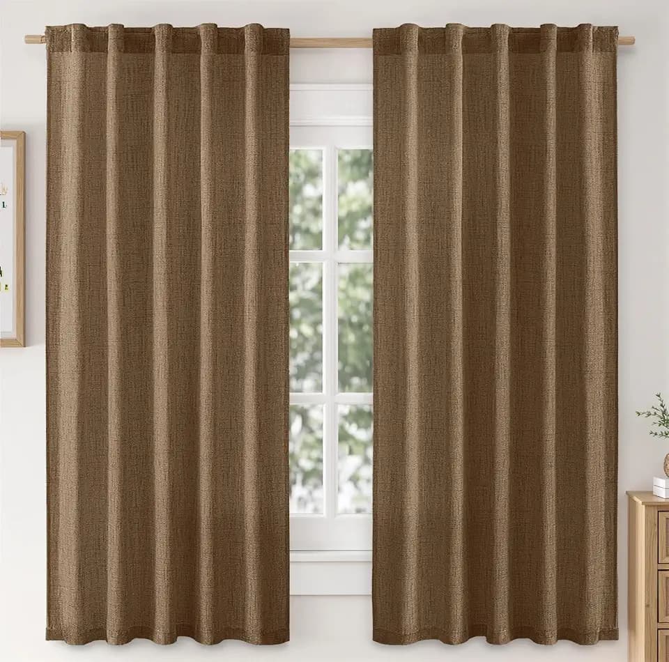 MIULEE Faux Linen Curtains 63 Inch Length 2 Panels Natural Semi Sheer Curtain with Back Tab Rod Pocket, Light Filtering Window Privacy Burlap Drapes for Living Room Bedroom 42W x 63L Brown