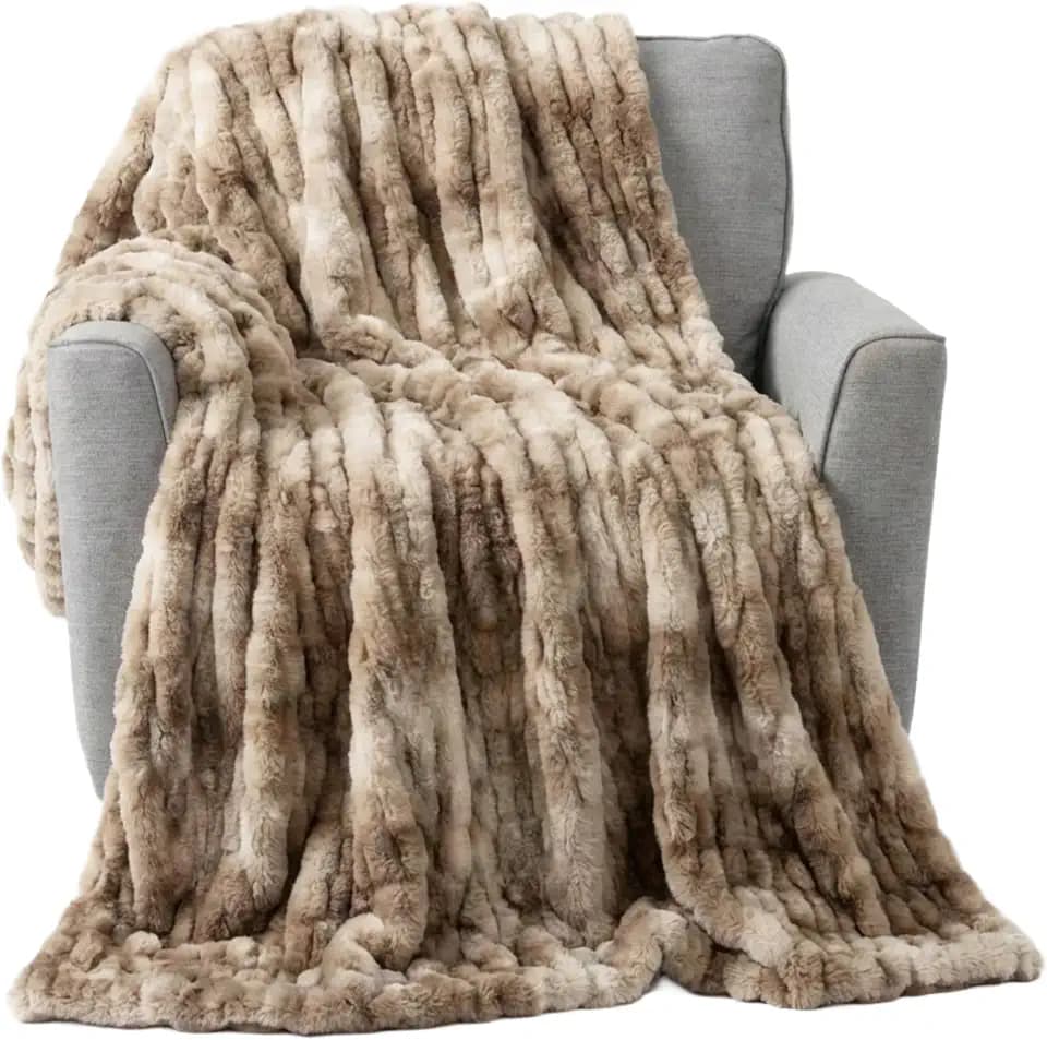 Lavish Home Oversized Ruched Faux Fur Blanket, Taupe, 60” x 80”