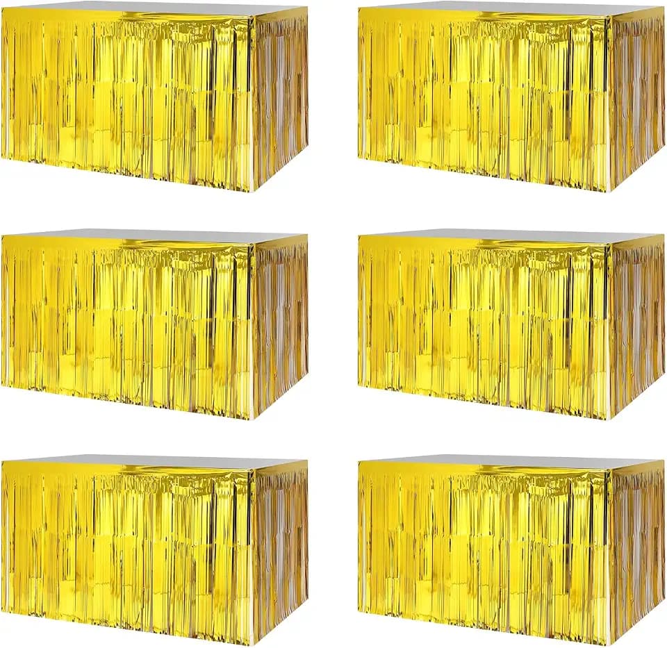 6 PCS Golden Metallic Foil Fringe Tinsel Table Skirts 9 Feet x 29.5 Inch