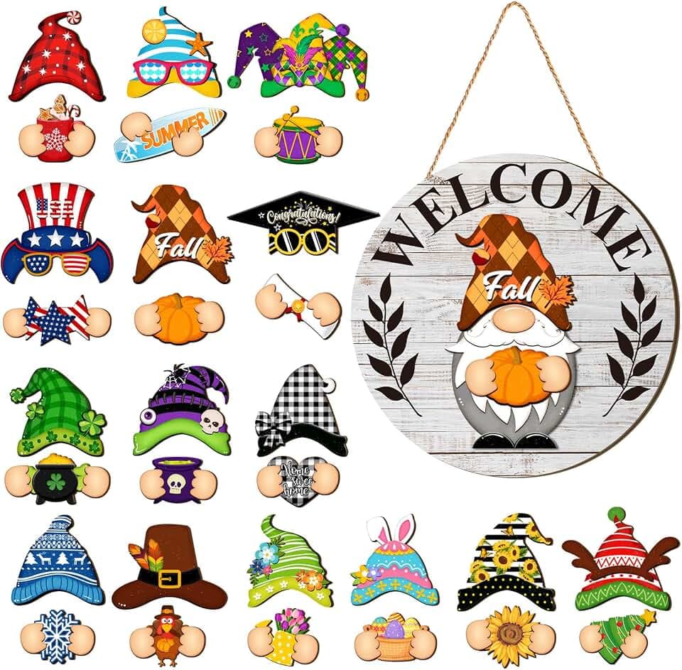 Qunclay 30 Pcs Seasonal Interchangeable Wooden Gnome Decor,Raw,Gray