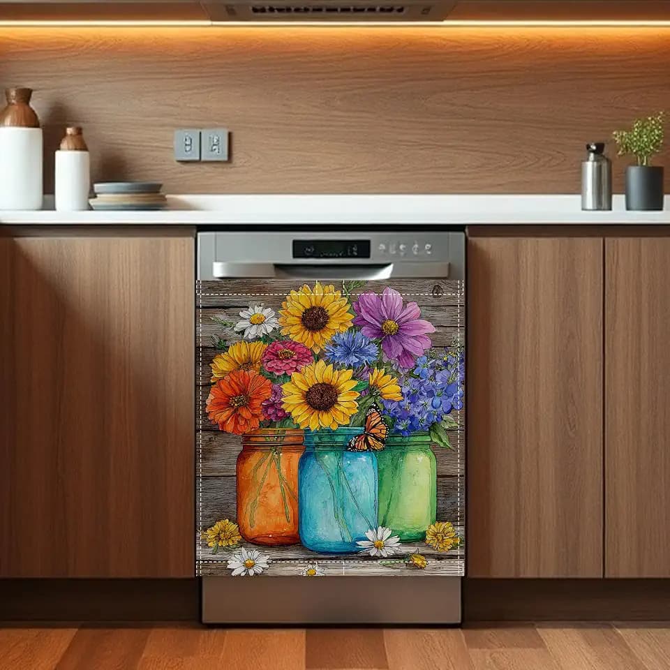 Cute Flowers Dishwasher Magnet Cover, Front Dishwasher Cover Decoration Magnetic Cover for Home Kitchen Appliance 23 W x 26 H