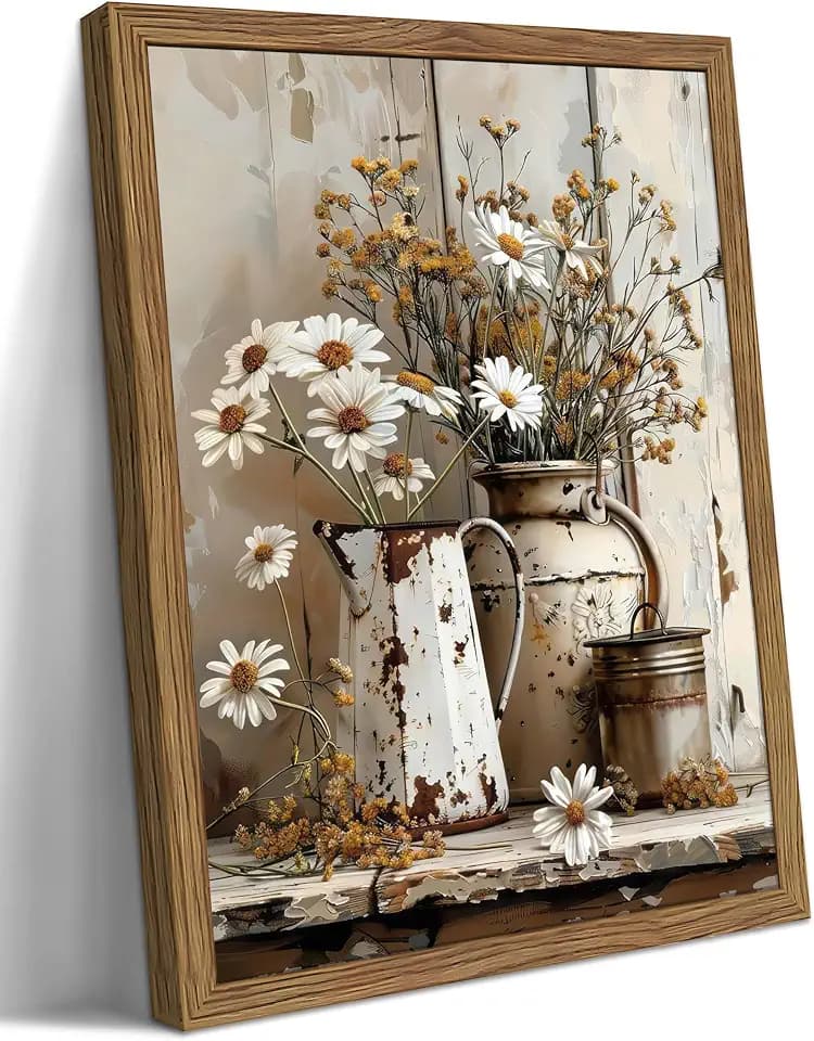 Country Wall Art, Farmhouse Pictures Wall Decor, Rustic Daisy Canvas Prints, Rusty Watering Can Art Paintings, Vintage Floral Artwork for Living Room Hallway Kitchen Bathroom Decor, Framed 12x16 In