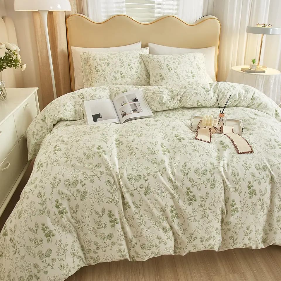 HighBuy 3 Pieces Duvet Cover Queen White Duvet Cover with Green Floral Print,Coquette Soft Comforter Cover Boho Style,Aesthetic Queen Bedding Set with Zipper Closure 4 Ties,All Season