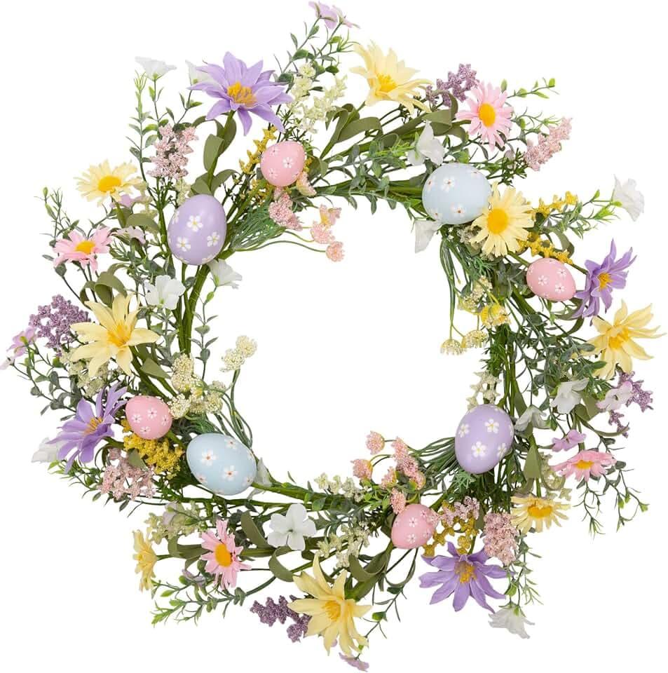 18 Inch Pastel Egg Easter Wreath with Wild Flowers for Front Door Spring Decorations