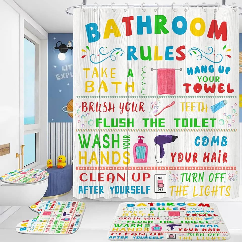 4 Pcs Kids Shower Curtain Sets, Funny Teen Boy Girl Bathroom Sets with Non-Slip Rugs and Accessories, Cute Colorful Bathroom Rules Fabric Toilet Lid Cover and Bath Mat, Shower Curtain with 12 Hooks.