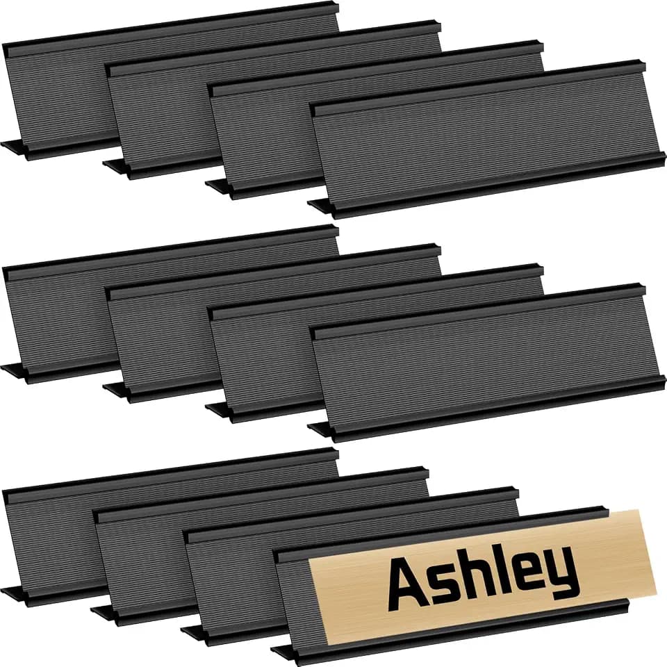 LEIFIDE 12 Pack Aluminum Name Plate Holder for Desk 2 x 8 Inch Blank Name Plates Office Business Desk Holder Desktop Table Display for End of Year School Business Office Teacher Classroom(Black)