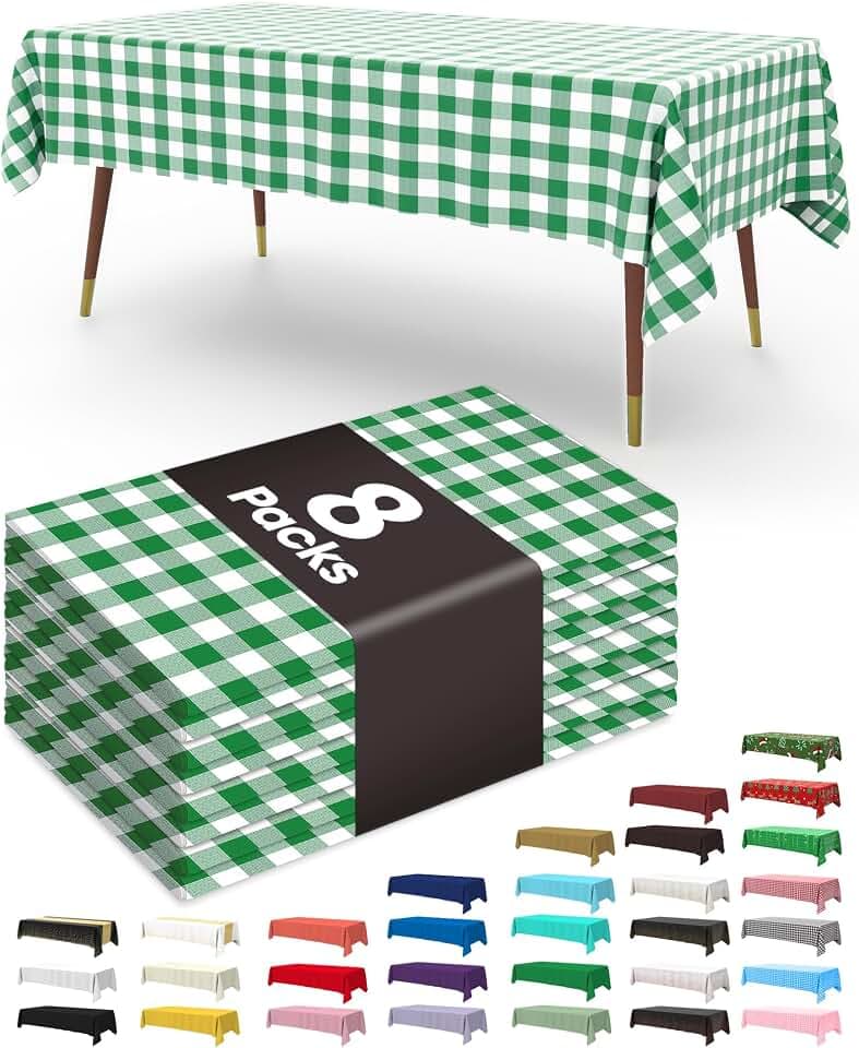 Pureegg Plastic Table Cloth Disposable 8 Pack 54 x 108 Inch, Green Plaid