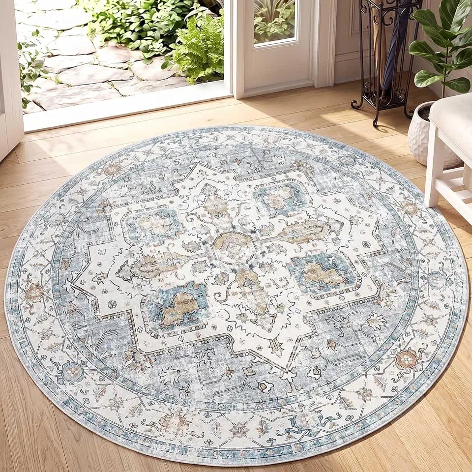 jinchan 5ft Round Rug Vintage Medallion Washable Area Rug, Blue/Gray