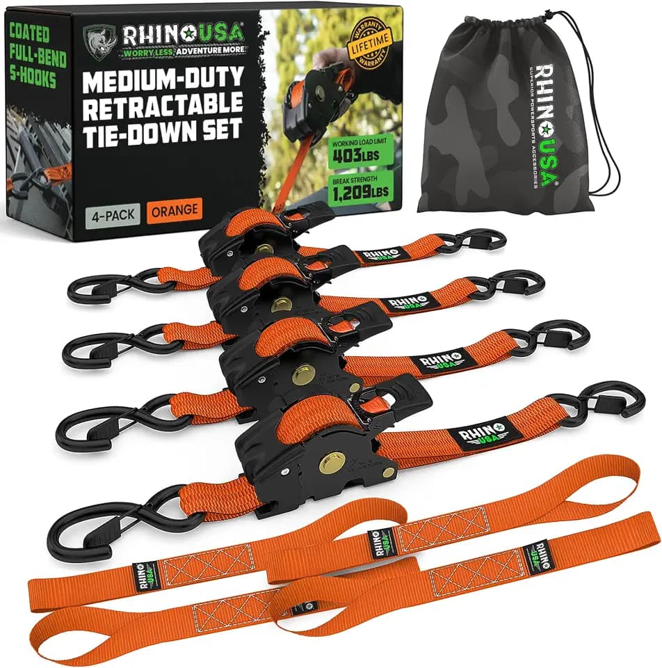 Rhino USA Retractable Ratchet Straps (4-Pack) - 1in x 10ft, Orange
