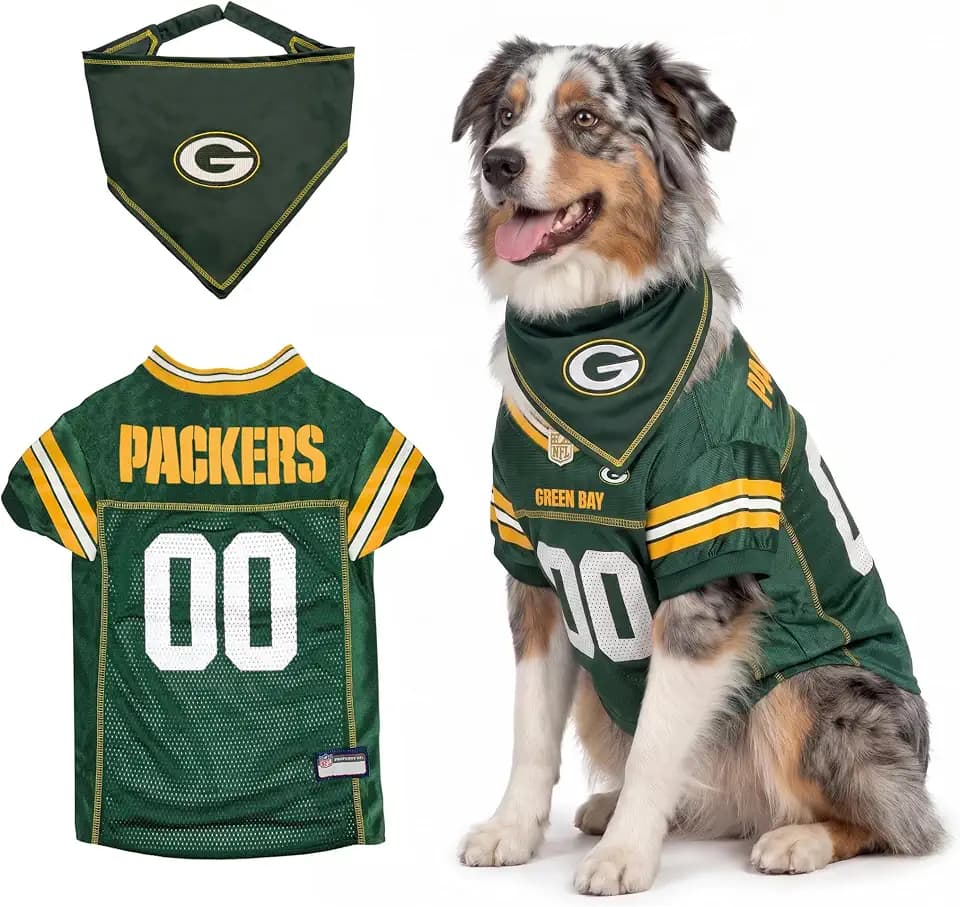 Pets First NFL Green Bay Packers Dog Jersey with Coordinated Tie Bandana Included, Size XX-Large Official NFL Pet Apparel, Breathable Mesh, Durable, Team Logo Design, Dog Sports T-Shirt