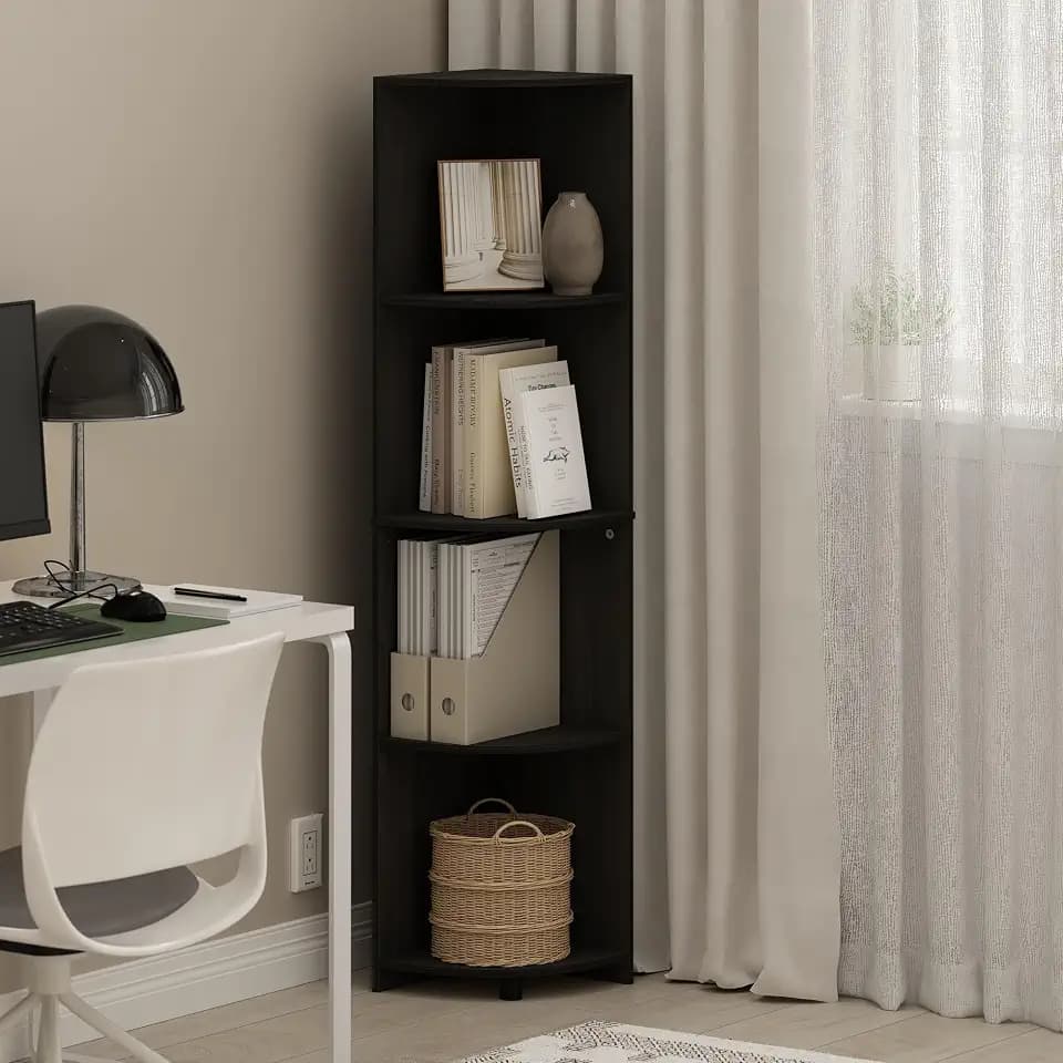 Furinno Econ Corner Shelf, 4-Tier Black Corner Book Shelf, Storage Shelves, Display Rack, Bookshelf, for Organization and Storage, Living Room, Home Office, Black Espresso