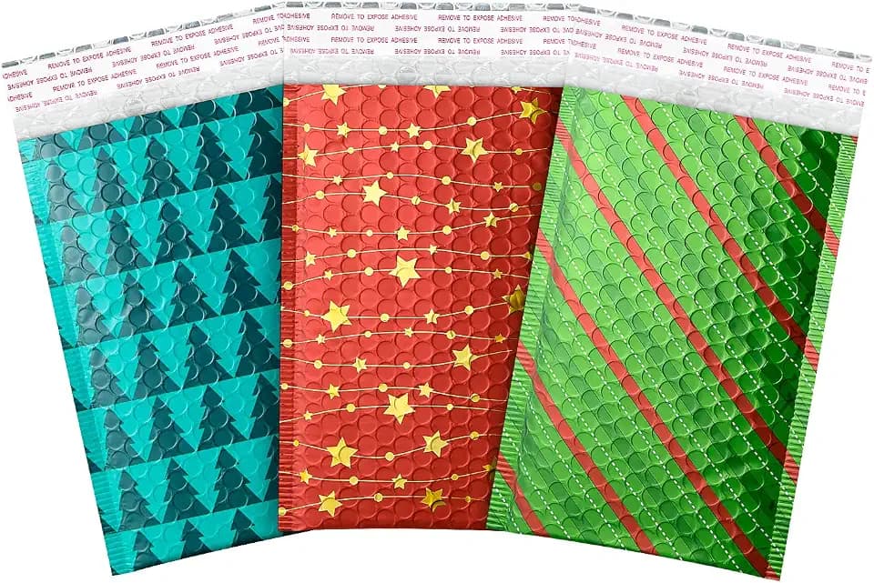 51 Pack Christmas 4x8 inch Poly Bubble Mailers Padded Envelopes Retailer Holiday Shipping Bags with Waterproof Self Seal Strip with Three Different Christmas Pattern.(4x8 inch,Mixed Pattern)