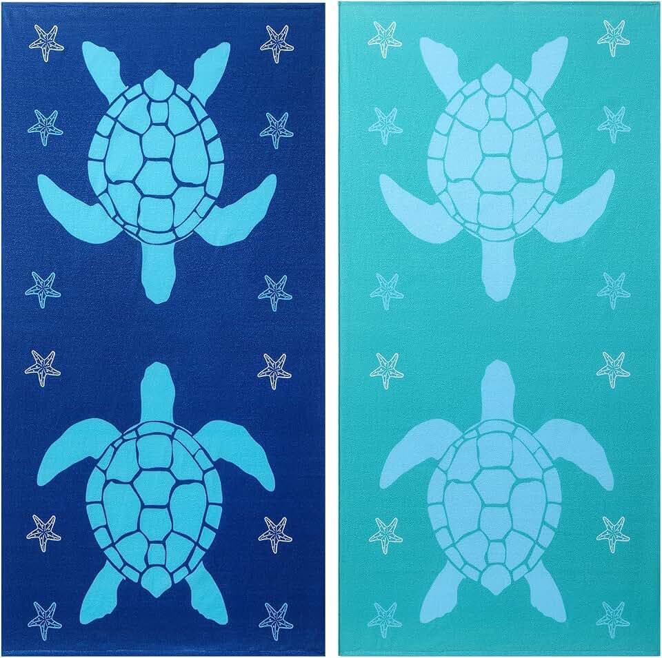 Jessy Home Microfiber 4 Pack Beach Towel Set, 40x70in Oversized Beach Towel, Quick-Dry Sand-Free Highly Absorbent Swim Towel, Soft Pool Towel, Marine Mixed Prints of Starfish & Sea Turtle for Vacation