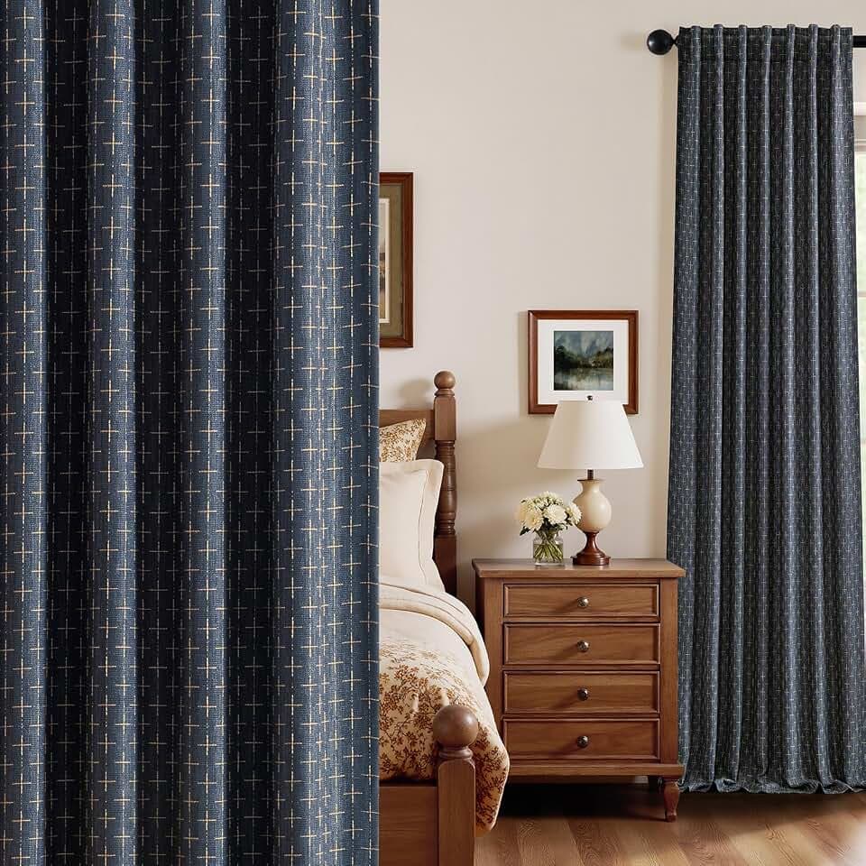 MIULEE 100% Blackout Decorative Linen Curtains with Geometric Pattern, Thick Woven Farmhouse Rustic Patterned Drapes with Back Tab for Bedroom and Living Room, Blue, 52 x 102 Inches, 2 Panels