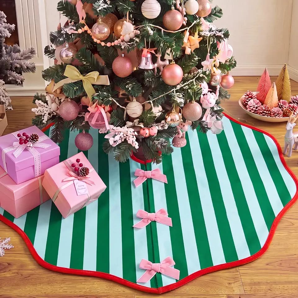 Foilswirl 36 inch Christmas Tree Skirt, Green Stripes, Pink and Red