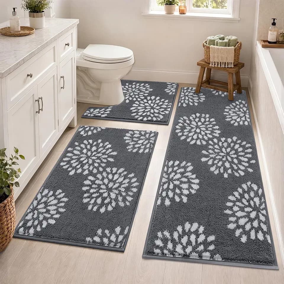 HEBE Bathroom Rugs Set 3 Piece, Non Slip Washable Absorbent Bath Mat Set