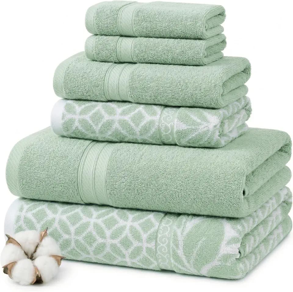 Modern Threads 6 Piece Bath Towel Set – Bathroom Set with 2 Bath Towels, 2 Hand Towels, and 2 Wash Cloths – 100% Cotton, Super Absorbent & Extra Soft – Reversible Botanical Vine (Sage Green)