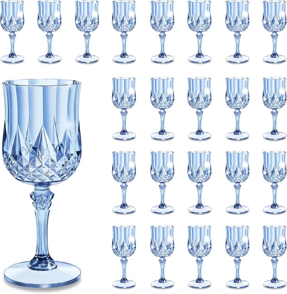 7oz Plastic Wine Glasses Drinking Glassware Goblets Cups Blue, 24PC
