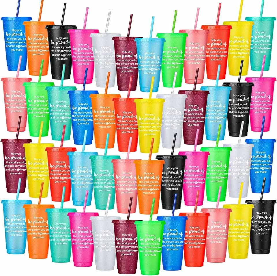 Dandat 48 Pcs Employee Appreciation Gifts Bulk 24 oz Thank You Cups Gift for Nurse Coworker Team Staff Teacher Inspirational Plastic Tumblers with Lids Straws (Neon Color)
