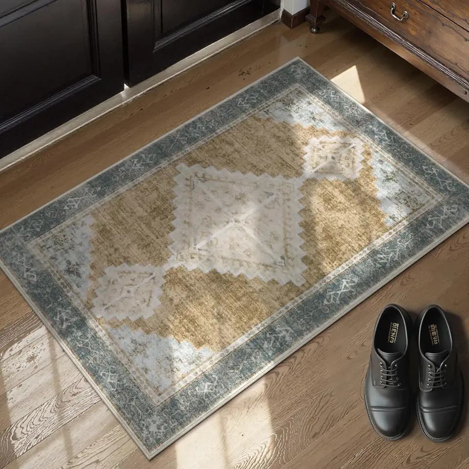 Beeiva Entry Way Rugs Indoor, 2x3 Small Area Rug Non Slip for Entryway, Vintage Medallion Door Mat Indoor Entrance Ultra Thin Carpet for Entrance Kitchen Beside Bathroom Decor (Camel,2'x3')
