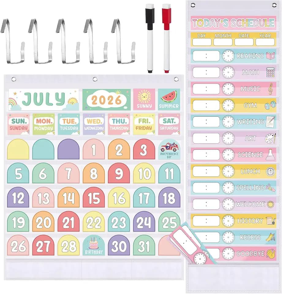 Cholemy 2 Pcs Classroom Calendar Pocket Chart with 15+1 Daily Schedule Pocket Charts Classroom Monthly Calendar Set with Reusable Cards and 5 Hangers for Home School Learning Supply(Pastel,White)