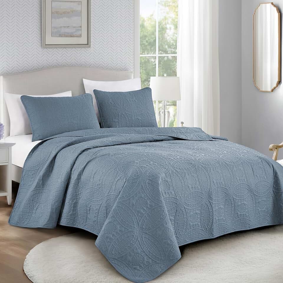 Chezmoi Collection Austin Queen Oversized Bedspread Set, 3-Piece Pinsonic Quilted Lightweight Microfiber Bedspread Coverlet, Grayish Blue
