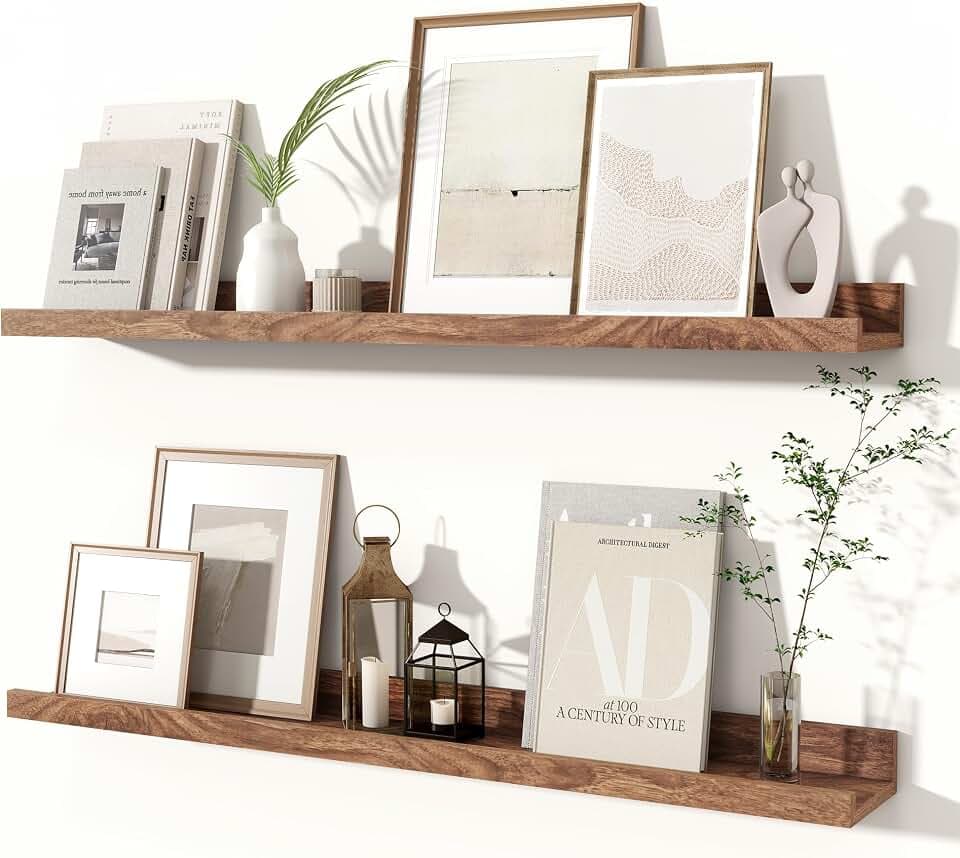 Fun Memories Picture Ledge Shelf, 32 Inch Floating Shelves Set of 2, Nursery Book Shelves for Kids, Wall Mounted Bookshelf for Toys, Books, Photo Frames and Wall Decor, Walnut