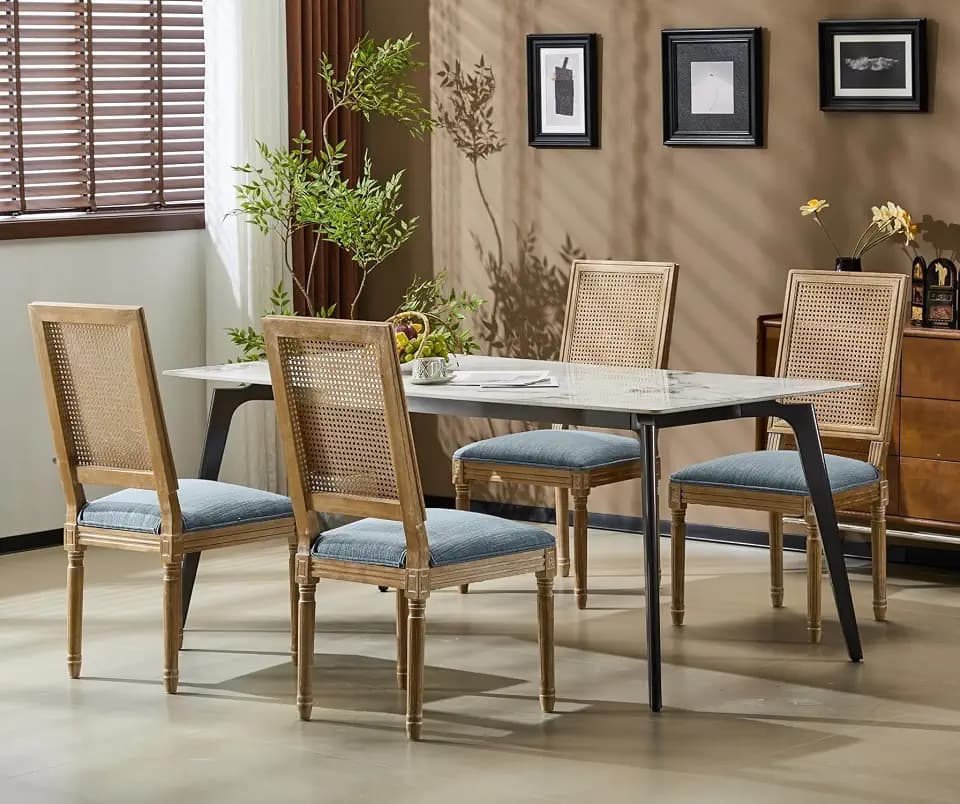 Merax Upholstered Solid Wood Dining Chairs Set of 4, French Country Style Accent Side Seating Furniture for Kitchen, Living Room, Wicker Back, Slate Blue