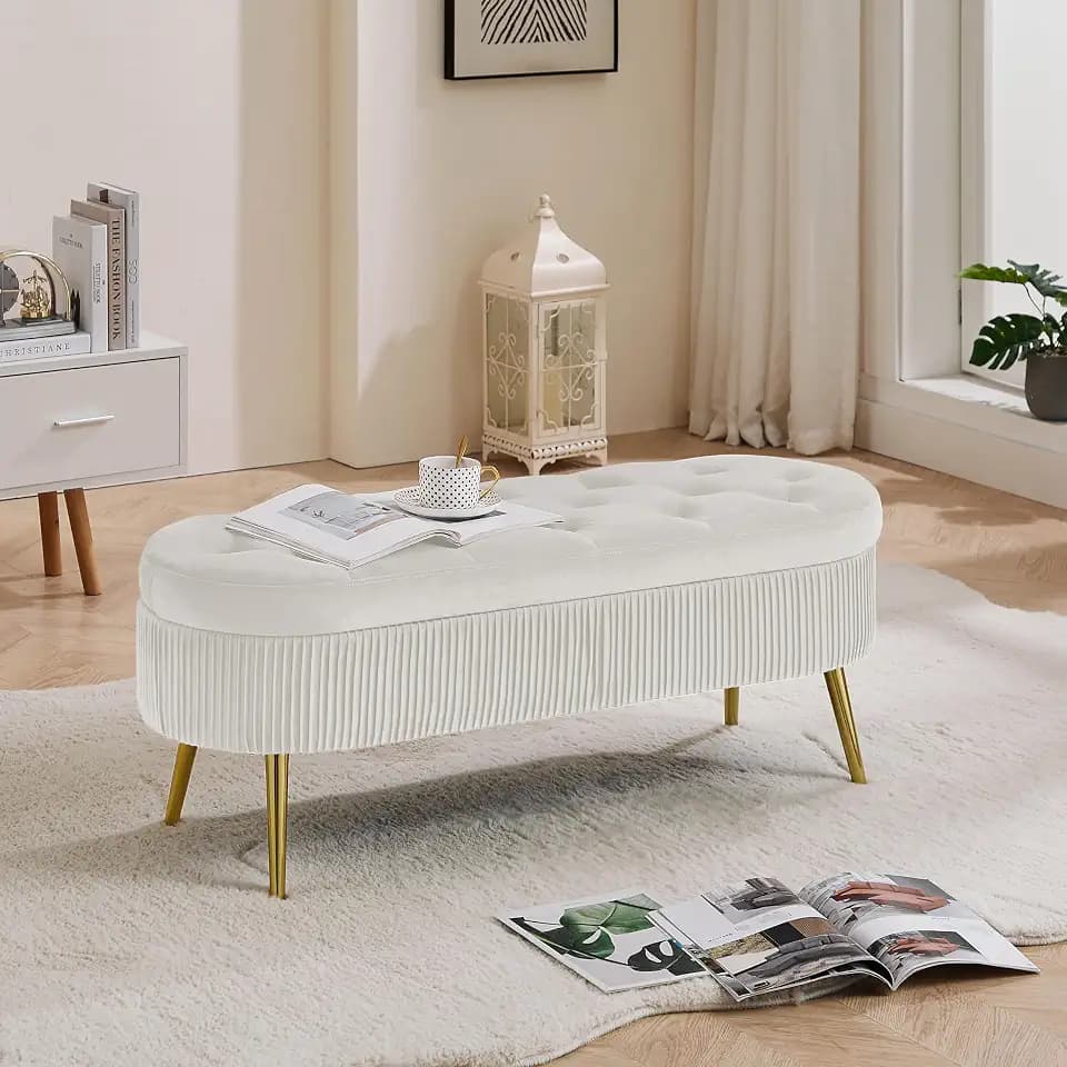 Velvet Fabric Storage Ottoman Legs Easy Assembly Shoe Bench for Living Room Entryway Bedroom (43.30''W x 15.74''D X16.53''H) 1 250 Oval PHO_11TX White Solid Wood