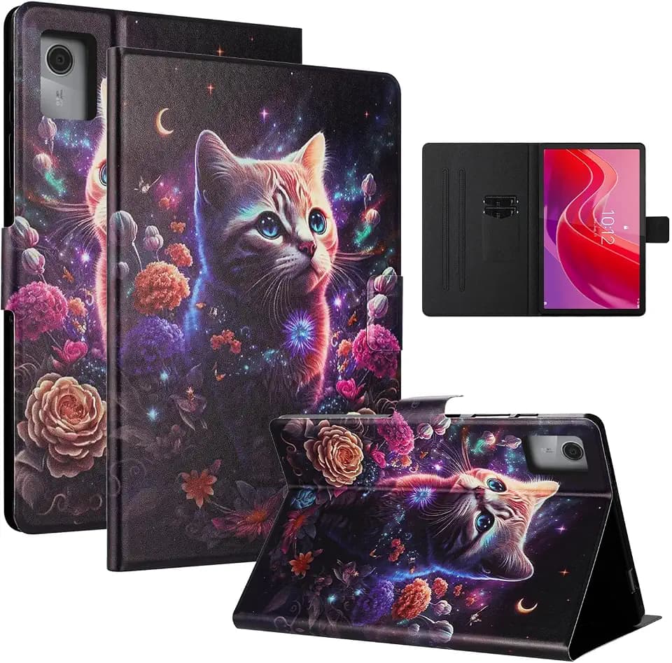 Hülle für Lenovo Tab M11(11 Zoll 2024 TB330) PU Leder Tablet Hülle mit Kartenfächer Ständer Funktion Schutzhülle für Lenovo Tab M11-Blumenkatze