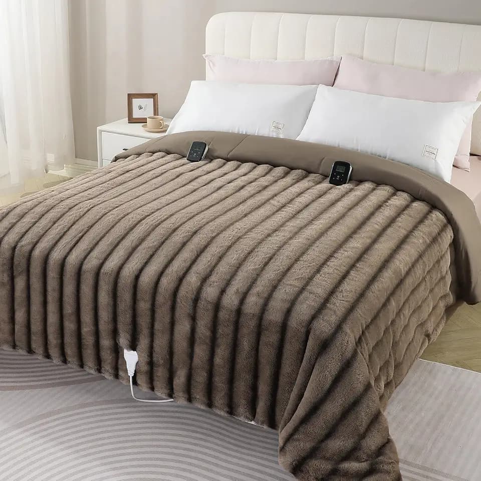 Heated Comforter Blanket King- Fluffy Faux Rabbit Fur Thick Comforter with 6 Heat Levels & 1-10 Hours Time Settings, Wireless LCD Controller, 90"x104", Brown