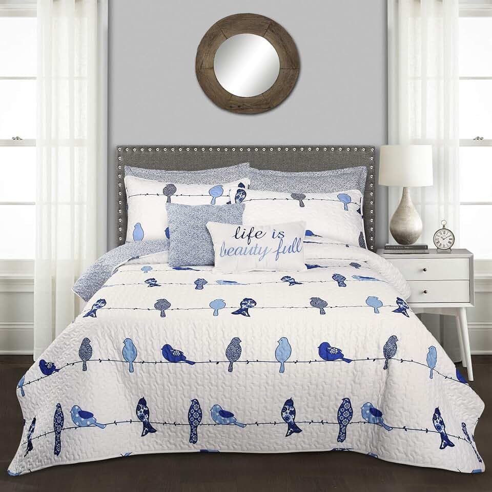 Lush Decor Rowley Birds Quilt Set, 7 Piece Set, Full/ Queen, Navy - Reversible Bird Bedding Set With Pillow Cases & Throw Pillows - Colorful, Whimsical, & Playful Floral Bird Print