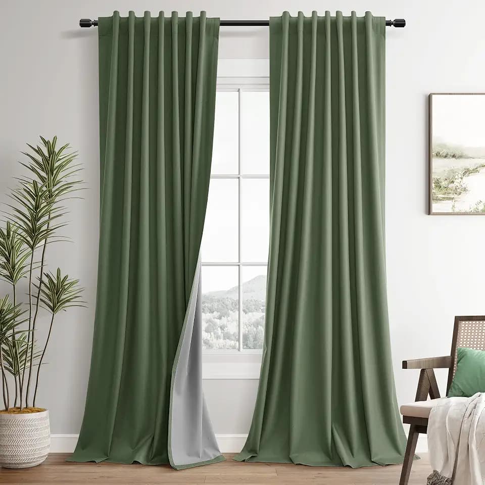 Olive Green Linen 100% Blackout Curtains 98 Inches Long for Bedroom Back Tab Hook Belt Elegant Country Farmhouse Room Darkening Thermal Insulated Drapes Living Room Office 2 Panels Set 52x98