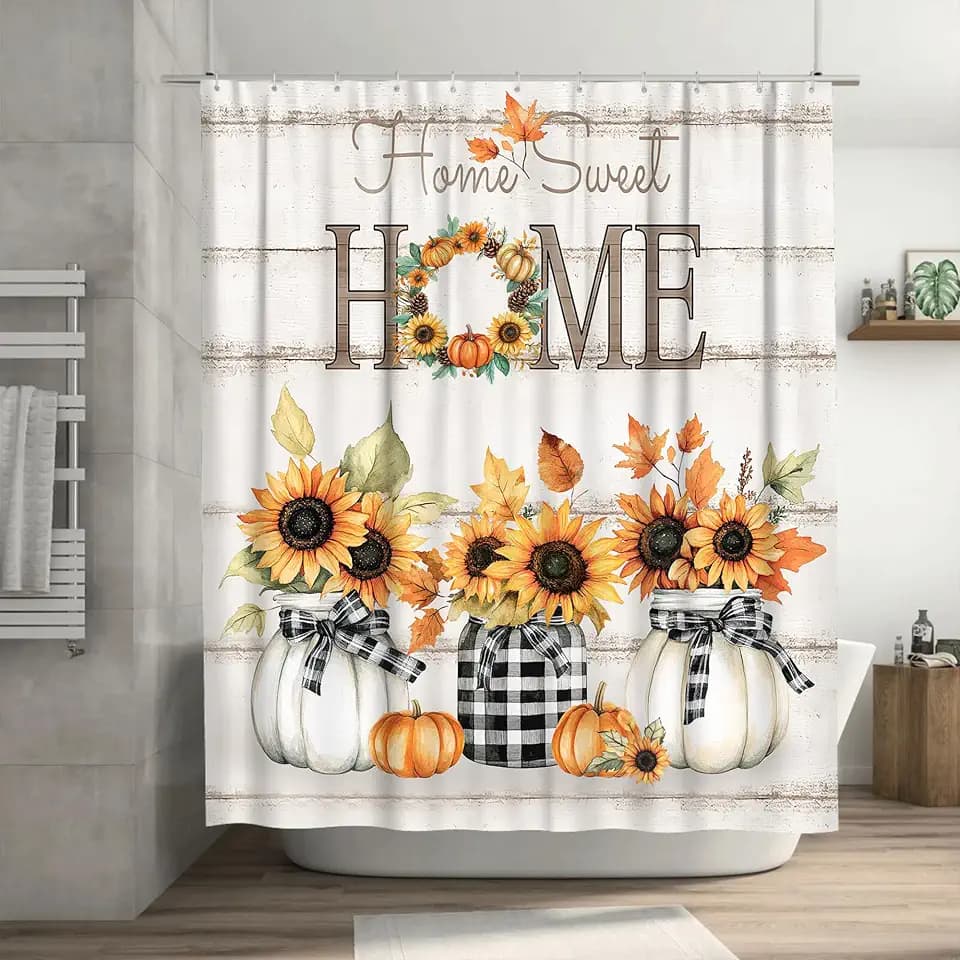 Tijuboni Fall Sunflower Pumpkin Shower Curtain, Farmhouse Home Sweet Home Bathroom Decor, Rustic Maple Leaf Waterproof Fabric Curtain for Harvest Thanksgiving Gifts 72x72 Inch