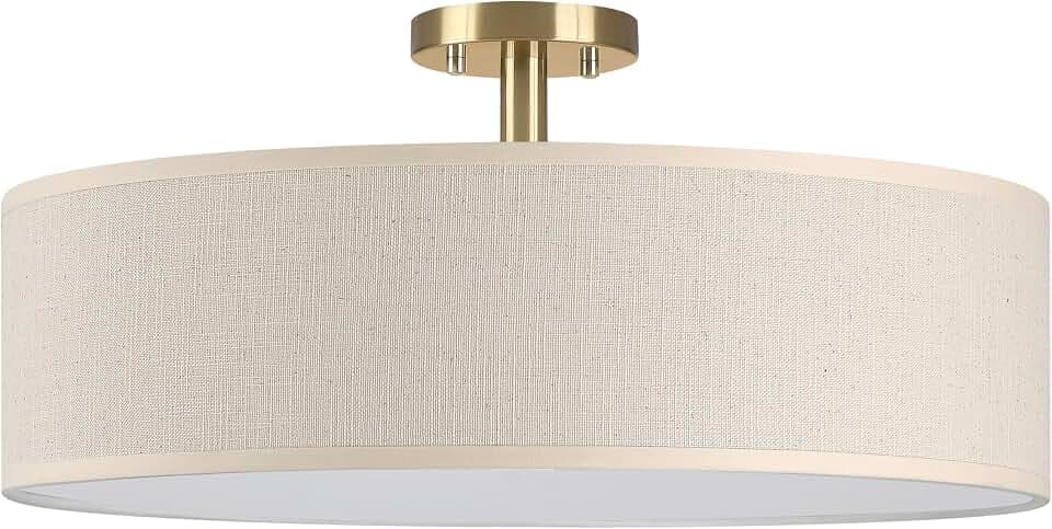 20" Linen Drum Fabric Modern Country Farmhouse Semi Flush Mount Light