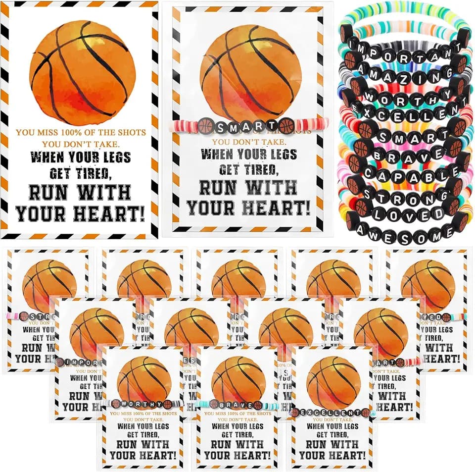 Zeyune 20 Sets Basketball Bracelets Basketball Team Gifts Bulk for Adults Women Men Stackable Clay Bead Adjustable Bracelets Inspirational Sports Cards for Team Players Sports Party Favors Bulk