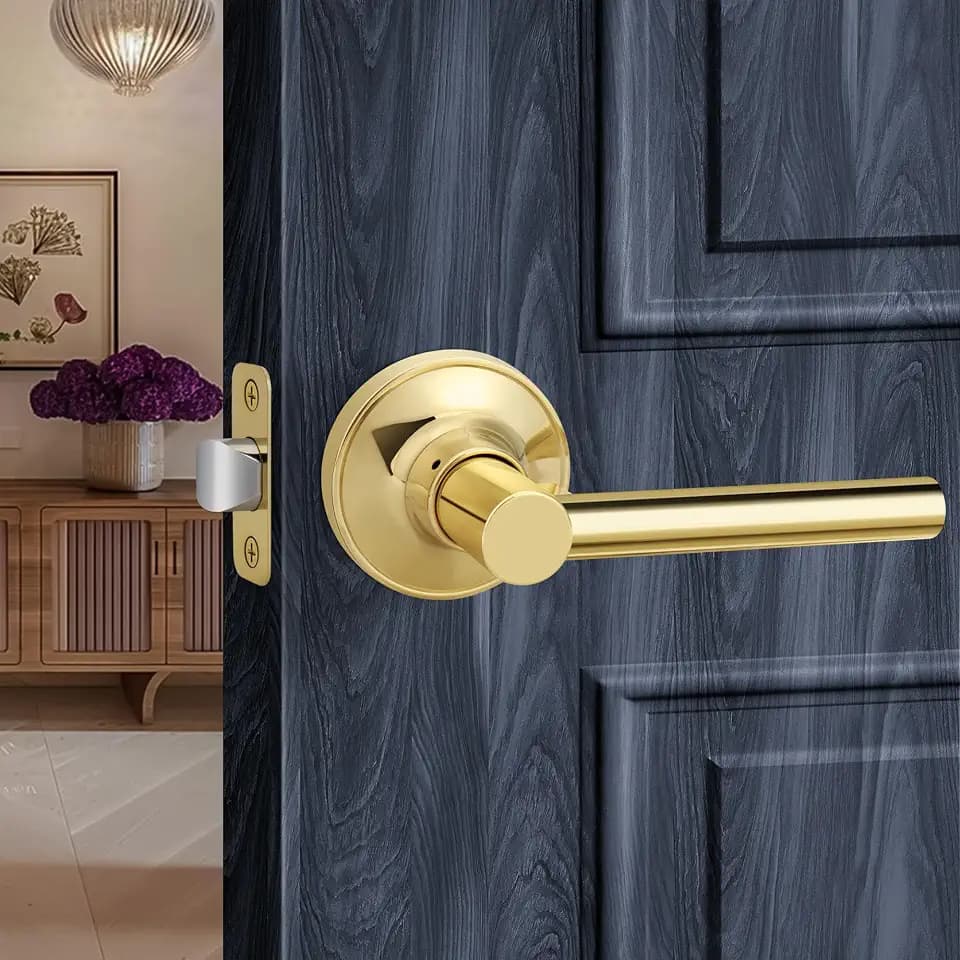Polished Gold Round Style Door Handle Without Lock and Key, Passage Reversible Door Lever for Hallway or Closet Door, Polished Brass Finish